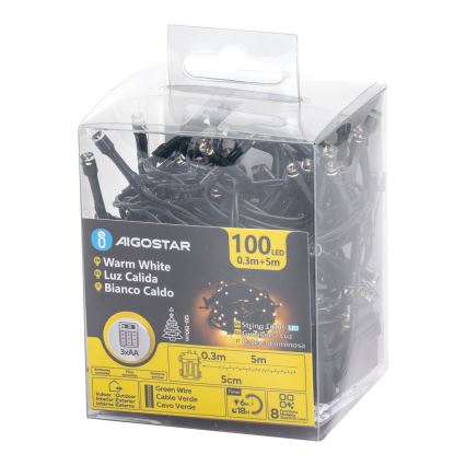 Aigostar - LED Āra  virtene 100xLED/8 režīmi 3xAA 5,3 m IP44 siltā balta