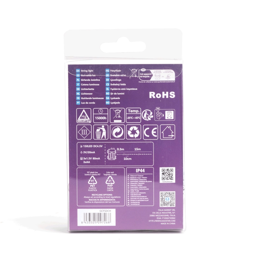 Aigostar - LED āra virtene 150xLED/8 funkcijas/3xAA 15,3m IP44 auksta balta