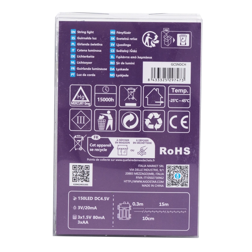 Aigostar -LED āra gaismas virtene 150xLED/8 režīmi 3xAA 15,3m IP44 daudzkrāsaina