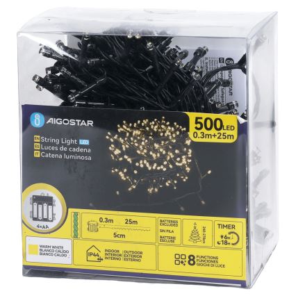 Aigostar - Āra LED virtene 500xLED/8 funkcijas 4xAA 25,3 m IP44 silta balta