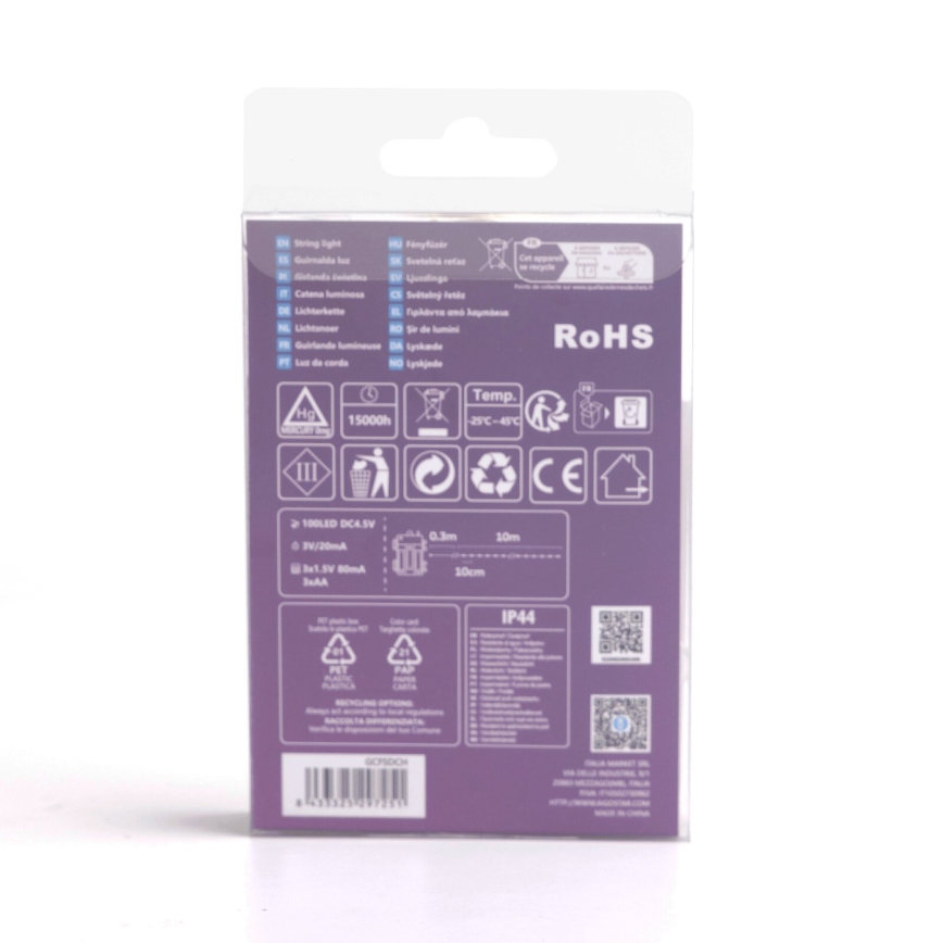 Aigostar - LED āra virtene 100xLED/8 režīmi/3xAA 10,3m IP44 aukstā balta