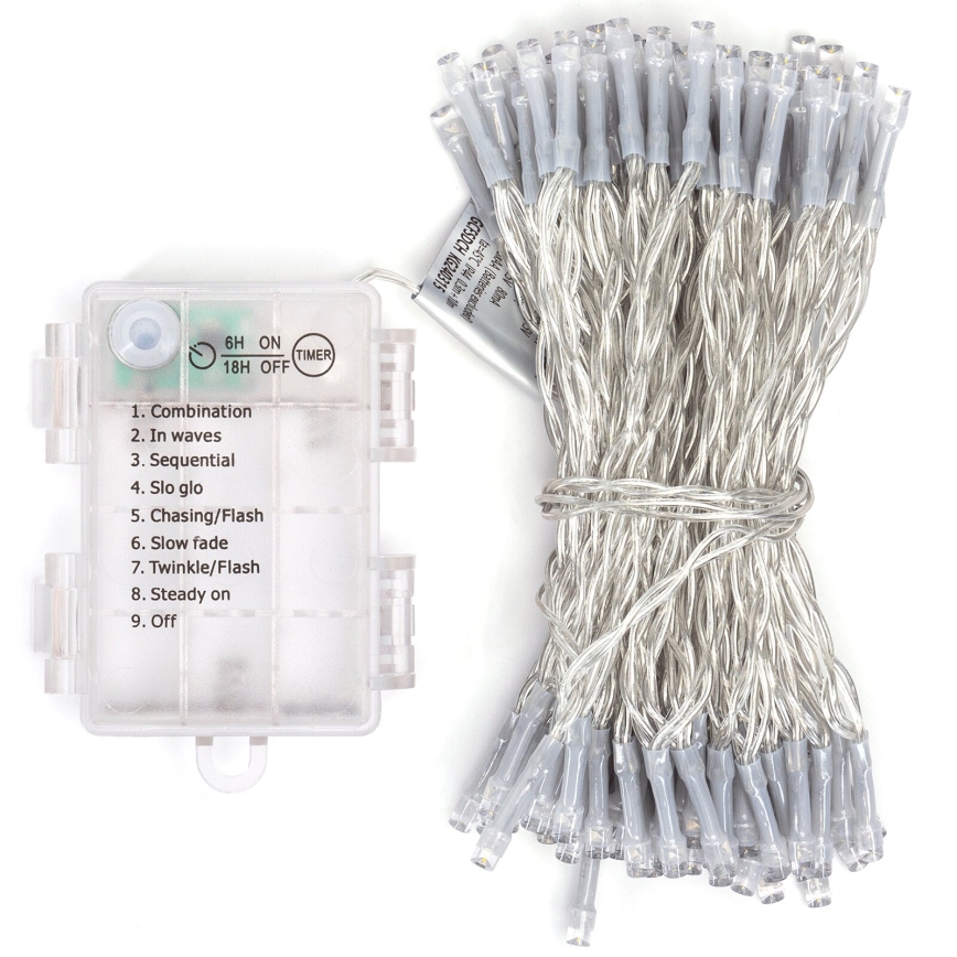 Aigostar - LED Āra  virtene 100xLED/8 funkcijas/3xAA 10,3m IP44 auksti balta