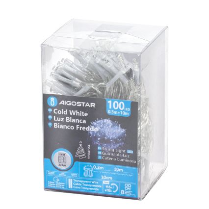Aigostar - LED Āra  virtene 100xLED/8 funkcijas/3xAA 10,3m IP44 auksti balta