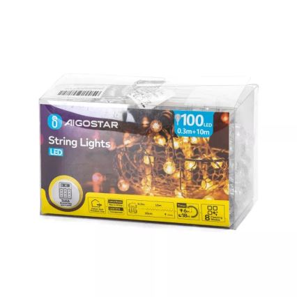 Aigostar - Āra LED Ziemassvētku virtene 100xLED/3xAA/8 režīmi 10,3 m IP44 siltā balta