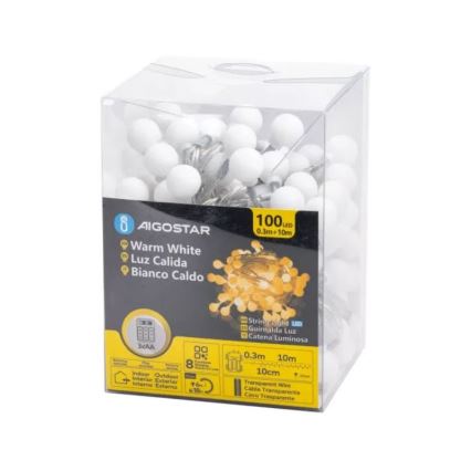 Aigostar - Āra LED Ziemassvētku virtene 100x LED/3x AA/8 režīmi 10,3 m IP44 siltā balta