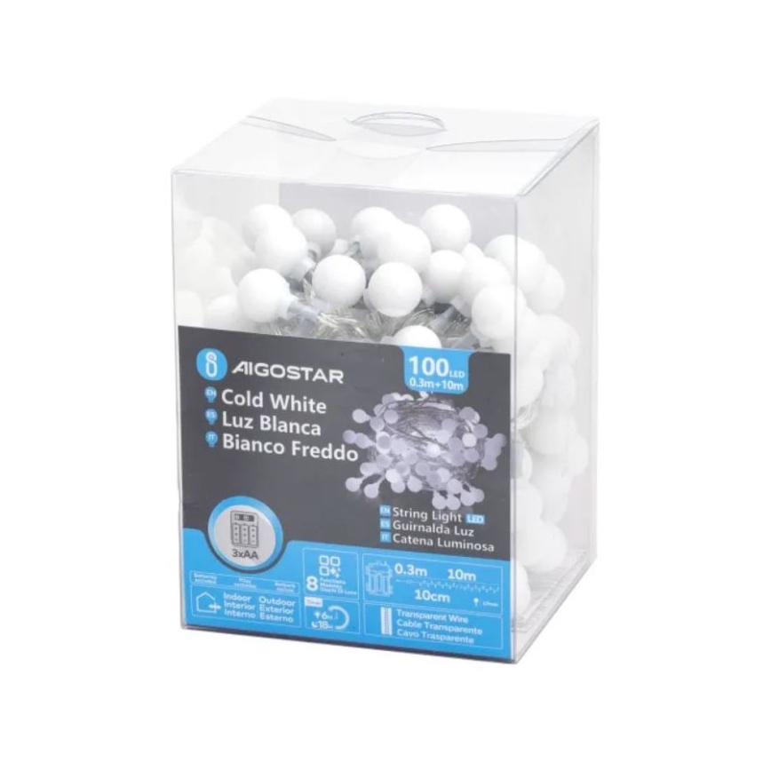 Aigostar - LED Ziemassvētku āra virtene 100xLED/3xAA/8 funkcijas 10,3 m IP44 vēsi balts