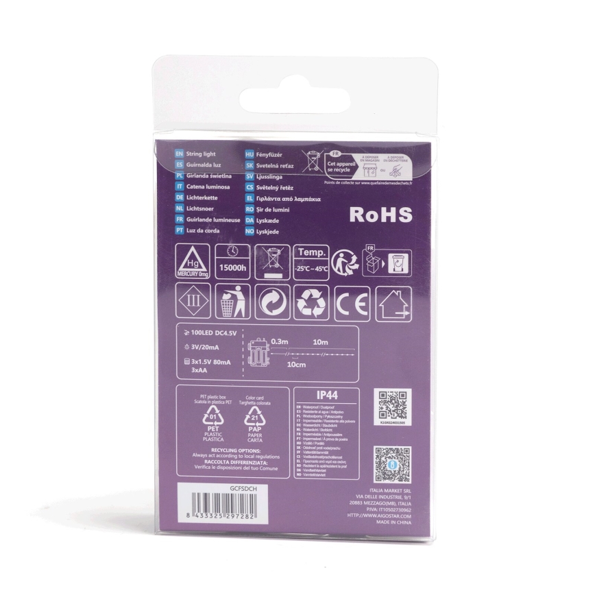 Aigostar - LED āra virtene 100xLED/8 funkcijas/3xAA10,3m IP44 daudzkrāsaina