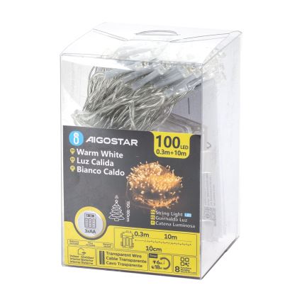 Aigostar -LED āra virtene 100xLED/8 funkcijas 3xAA 10,3m IP44 silti balta