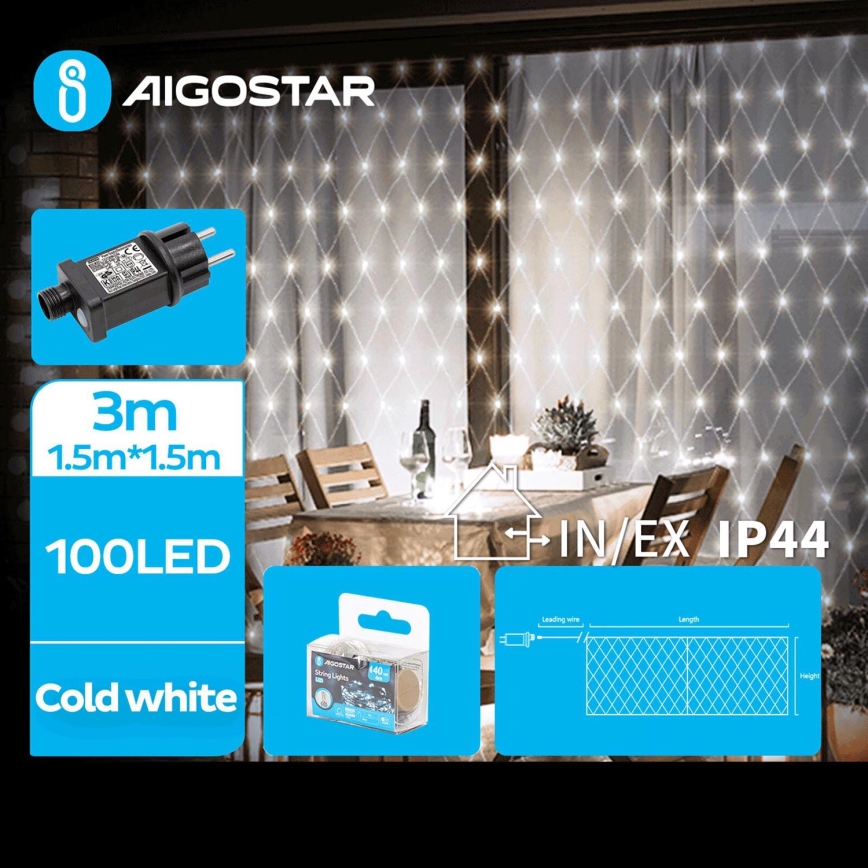 Aigostar - LED Āra virtene 100xLED/8 funkcijas 4,5x1,5m IP44 vēsi balts