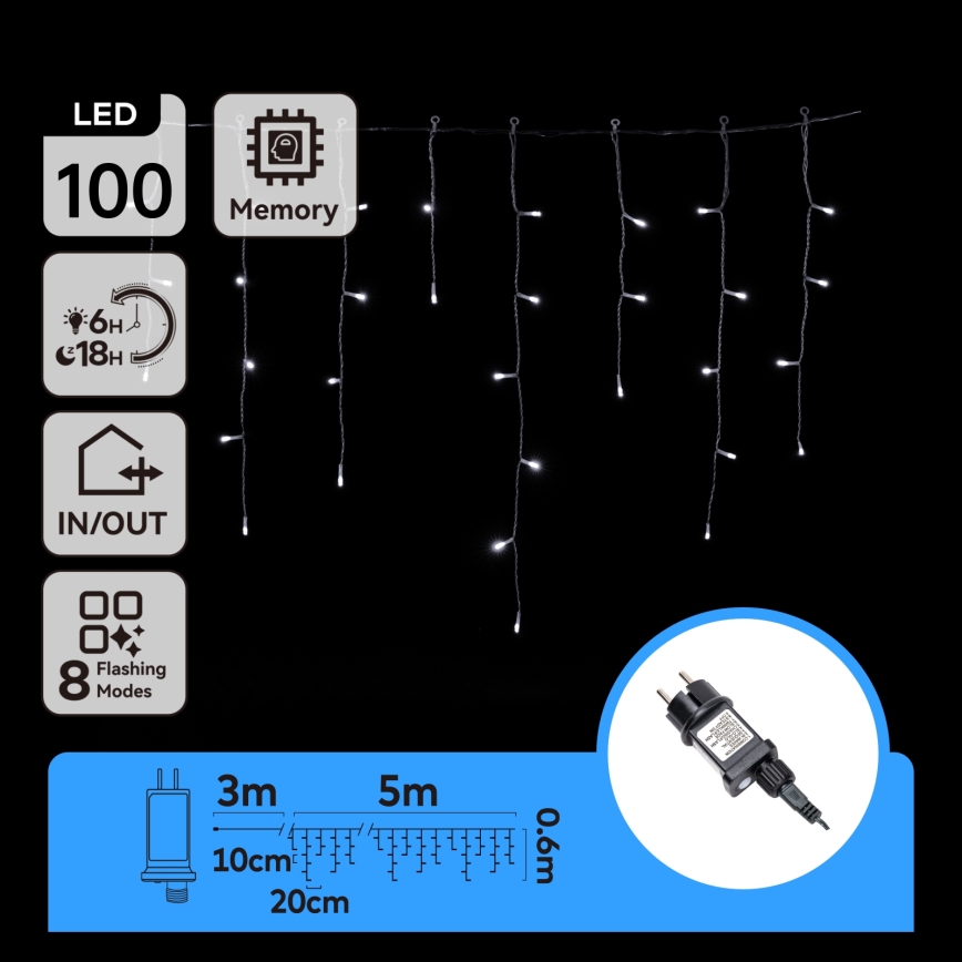 Aigostar - LED āra virtene 100xLED/8 režīmi 8x0,6m IP44 auksti balta
