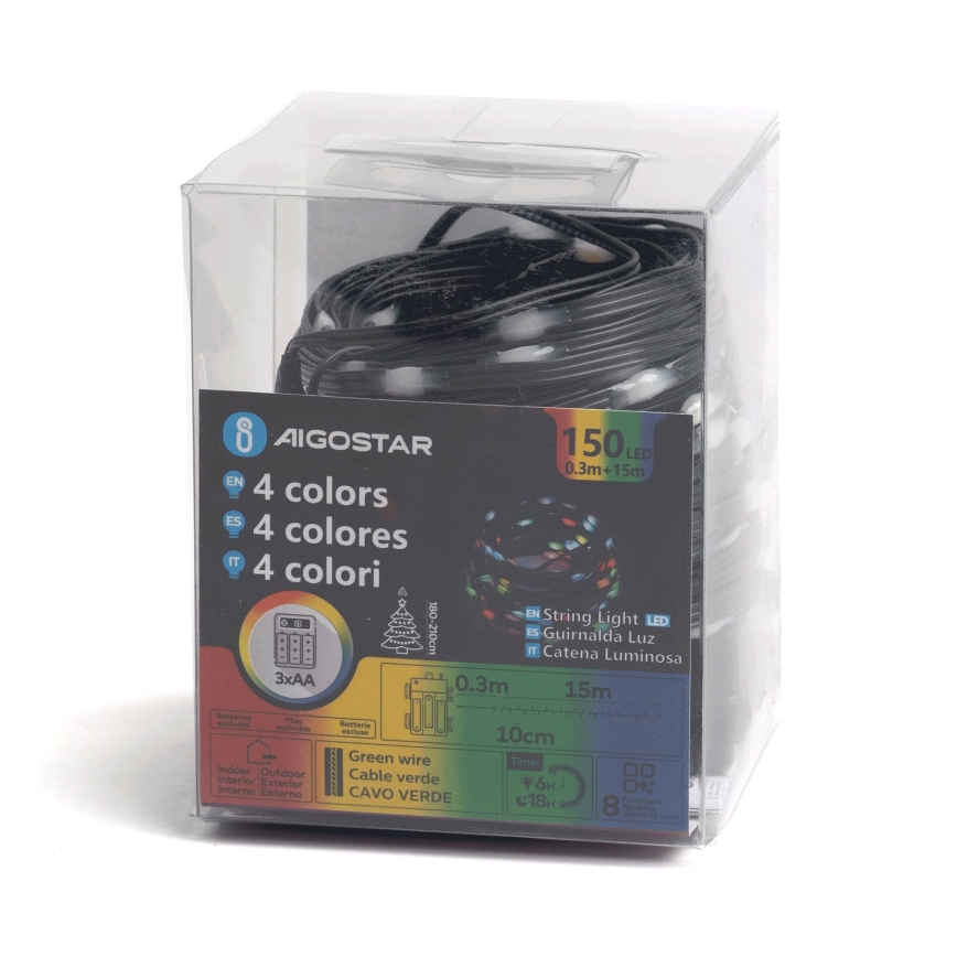 Aigostar - LED āra virtene, 150 LED, 8 režīmi, 3xAA, 15,3 m, IP44, daudzkrāsaina