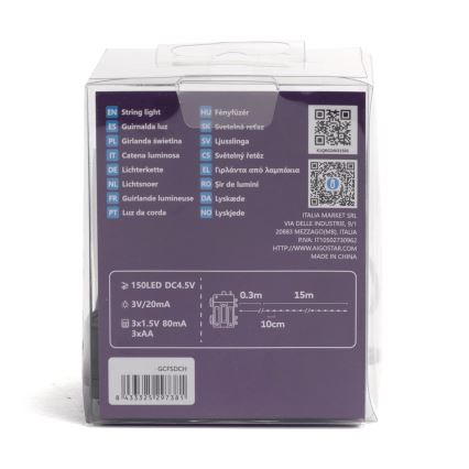 Aigostar - LED āra virtene, 150 LED, 8 režīmi, 3xAA, 15,3 m, IP44, daudzkrāsaina