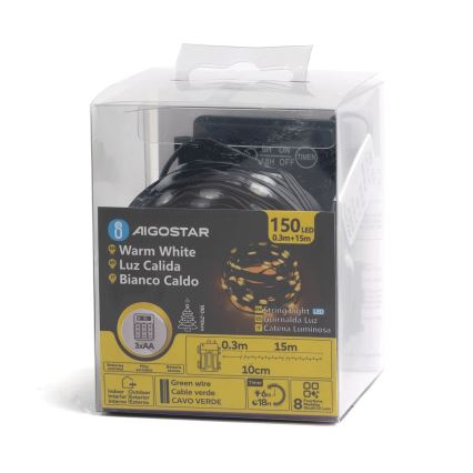 Aigostar - LED āra virtene 150 LED / 8 režīmi 3xAA 15,3 m IP44 silti balta