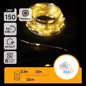 Aigostar -LED āra virtene 150xLED/8 funkcijas 3xAA 15,3m IP44 silti balta