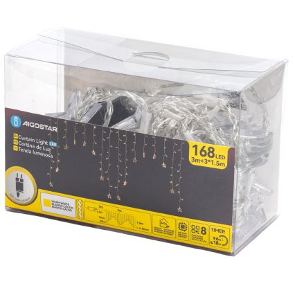 Aigostar - LED āra virtene 168 LED/8 funkcijas 3x1,5m IP44 siltā baltā krāsā, zvaigžņu motīvs