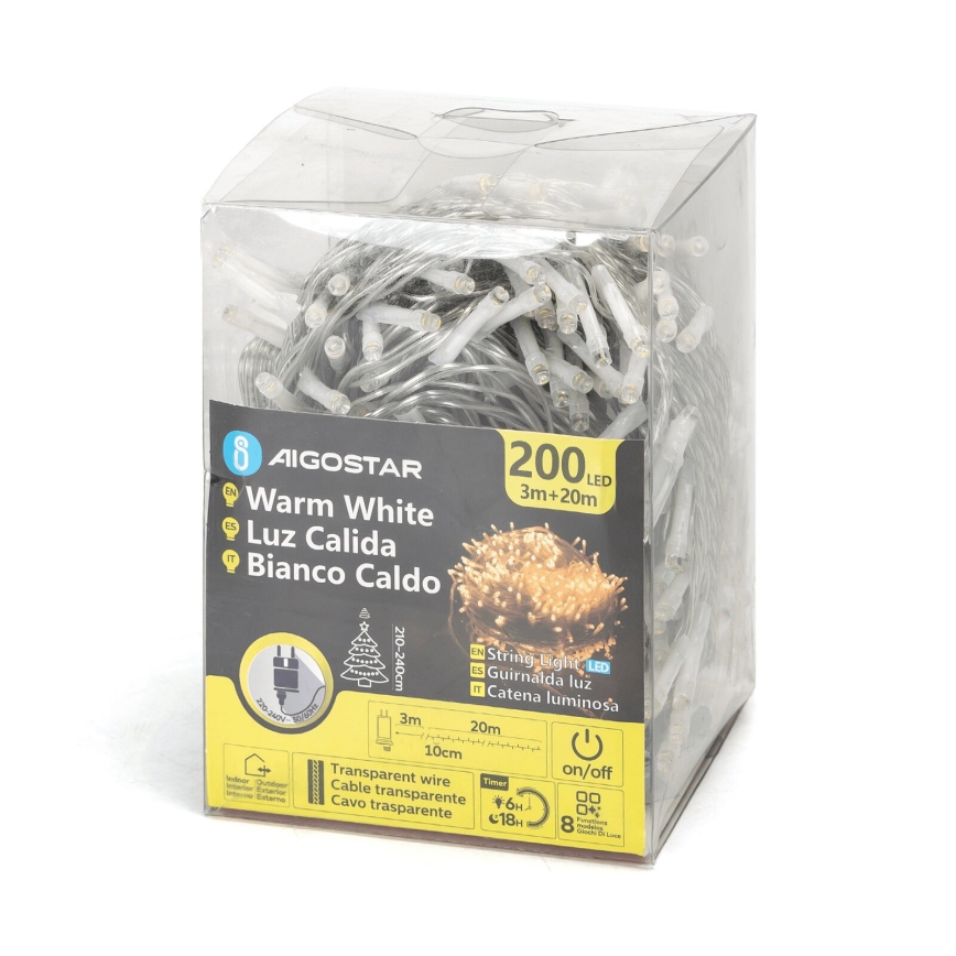 Aigostar - LED āra virtene 200 LED/8 režīmi 23 m IP44 siltā balta