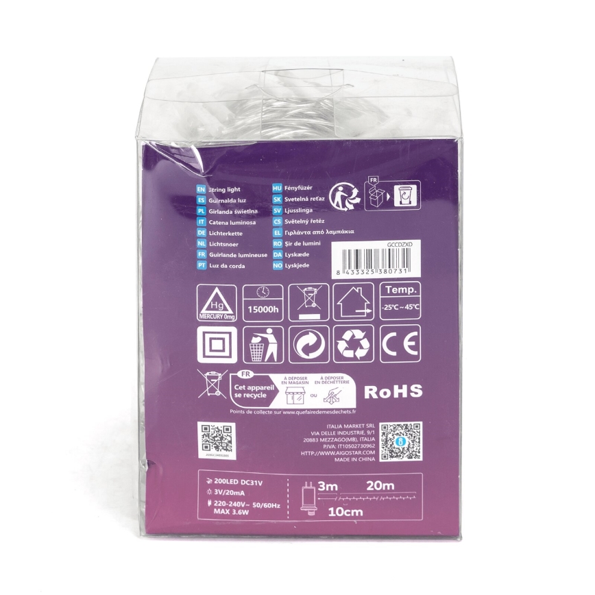 Aigostar - LED āra virtene 200 LED/8 režīmi 23 m IP44 siltā balta