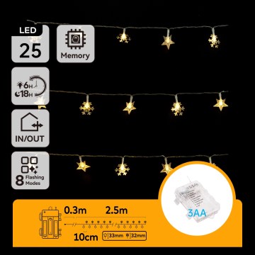 Aigostar - LED āra virtene, 25 LED / 8 funkcijas, 3xAA, 2,5 m, IP44, siltā balta, zvaigznes
