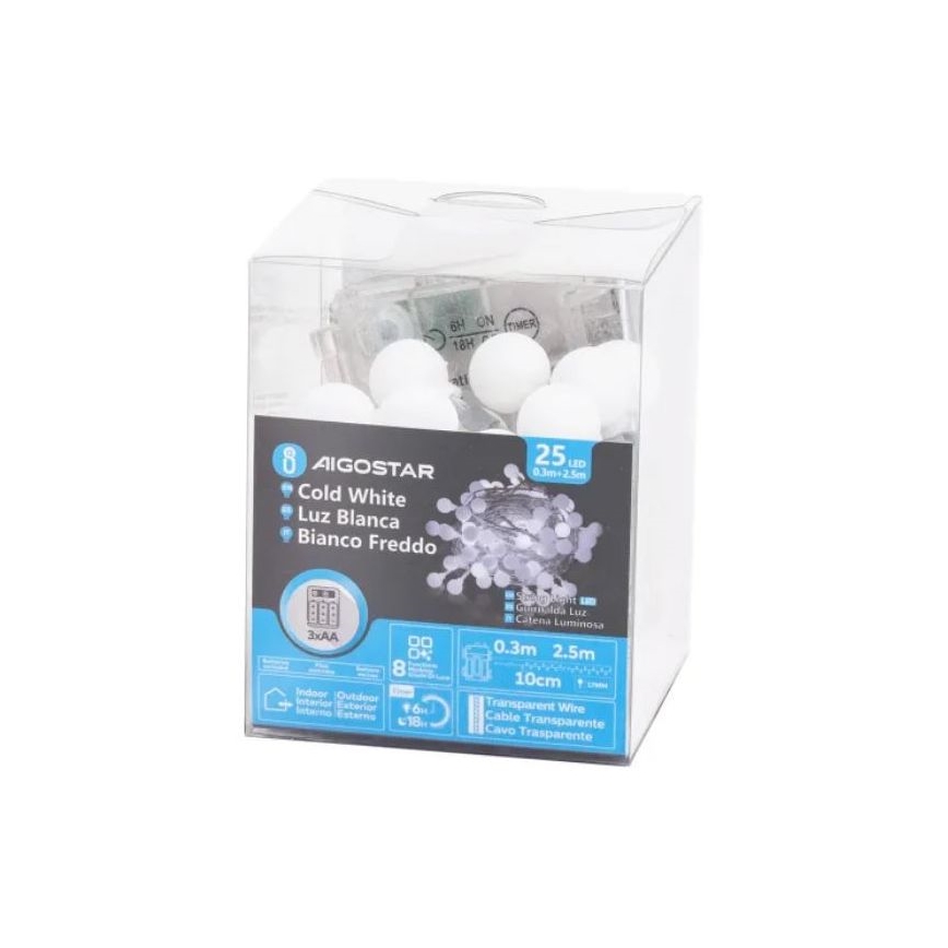 Aigostar - LED Ziemassvētku āra virtene 25xLED/3xAA/8 funkcijas 2,8 m IP44 vēsi balts