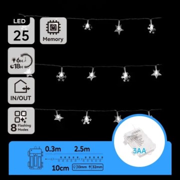 Aigostar - LED āra virtene 25xLED/8 funkcijas 3xAA 2,5 m IP44 auksti balta
