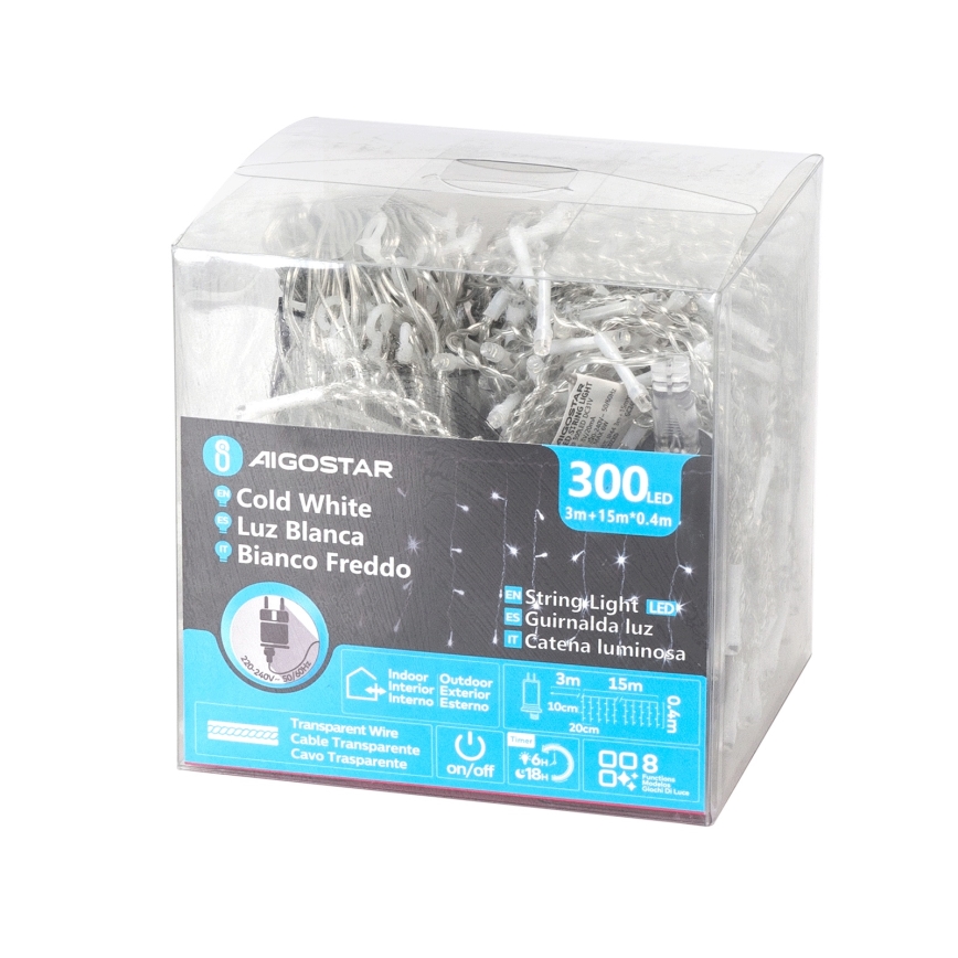 Aigostar - LED āra virtene 300xLED/8 funkcijas 15x0,4 m IP44 auksti balta