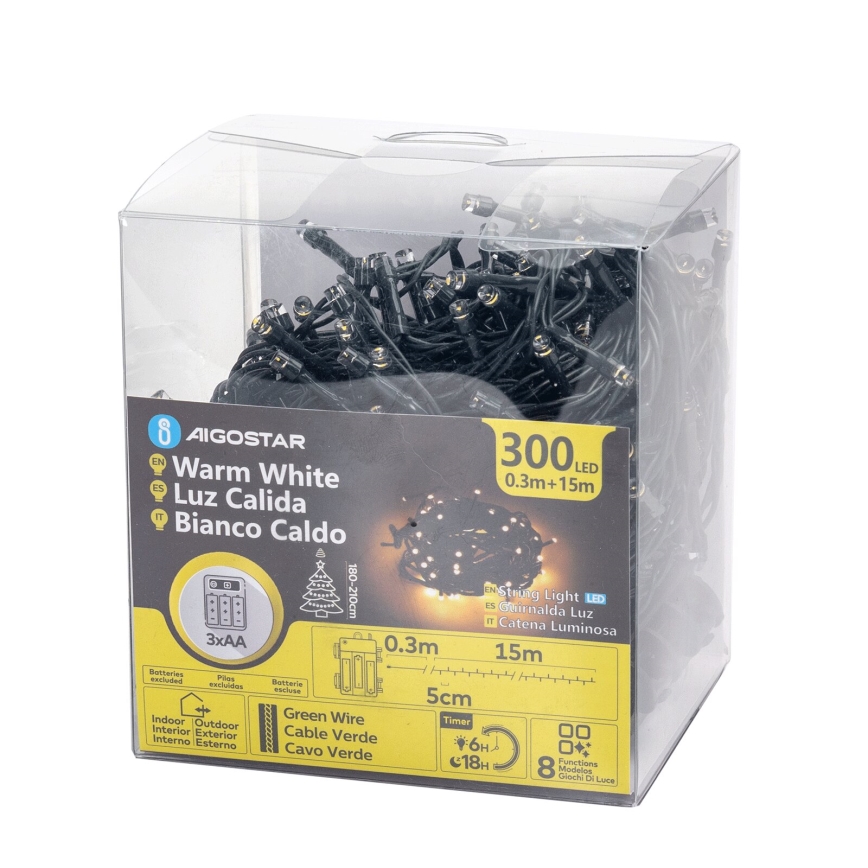 Aigostar-LED Āra virtene 300xLED/8 režīmi 3xAA 15,3m IP44 silti balta
