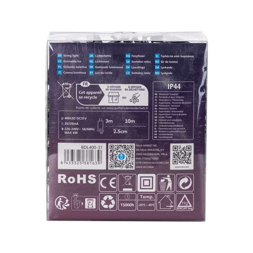 Aigostar - LED āra  virtene 400xLED/8 režīmi 13m IP44 auksti balta