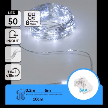 Aigostar - LED āra virtene 50 LED/3xAA IP44 5,3 m auksti balta