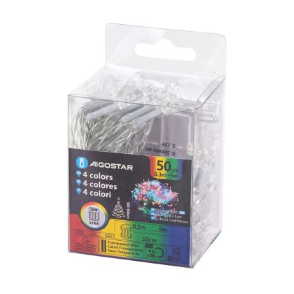 Aigostar - LED āra virtene 50 LED, 8 režīmi, 3x AA, 5,3 m, IP44, daudzkrāsaina