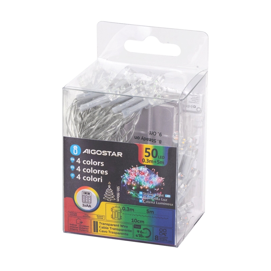 Aigostar - LED āra virtene 50 LED, 8 režīmi, 3x AA, 5,3 m, IP44, daudzkrāsaina
