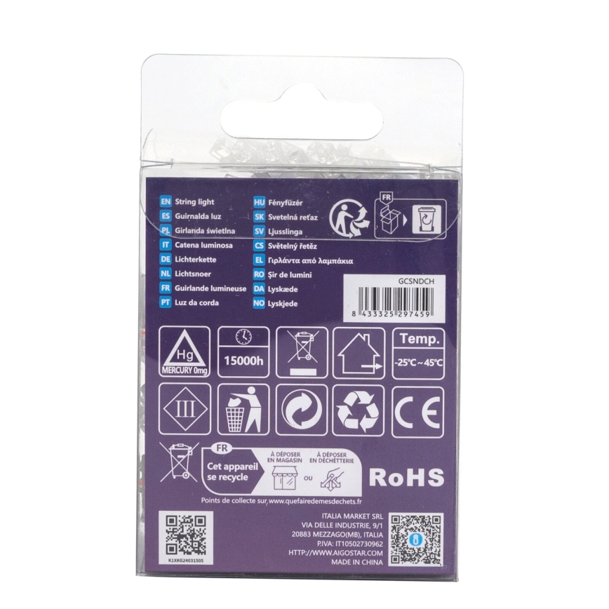 Aigostar - LED āra virtene 50 LED, 8 režīmi, 3x AA, 5,3 m, IP44, daudzkrāsaina