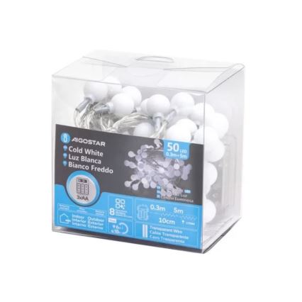 Aigostar - LED āra ziemassvētku virtene 50xLED/3xAA/8 funkcijas 5,3 m IP44 auksti balta