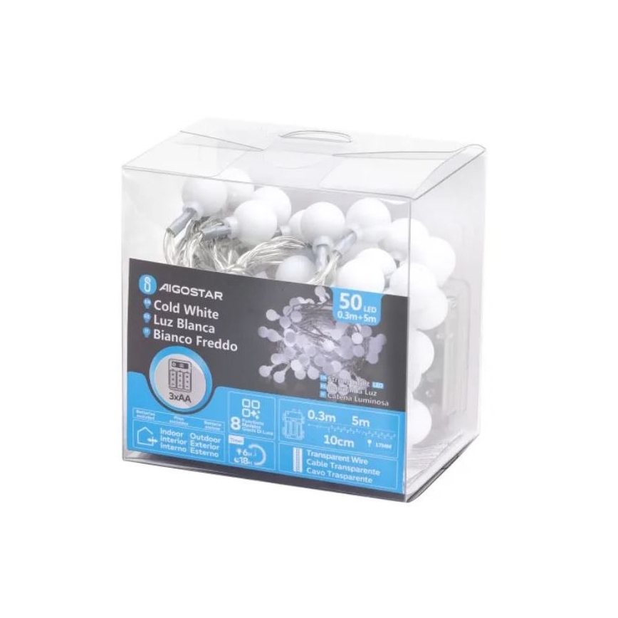 Aigostar - LED āra ziemassvētku virtene 50xLED/3xAA/8 funkcijas 5,3 m IP44 auksti balta