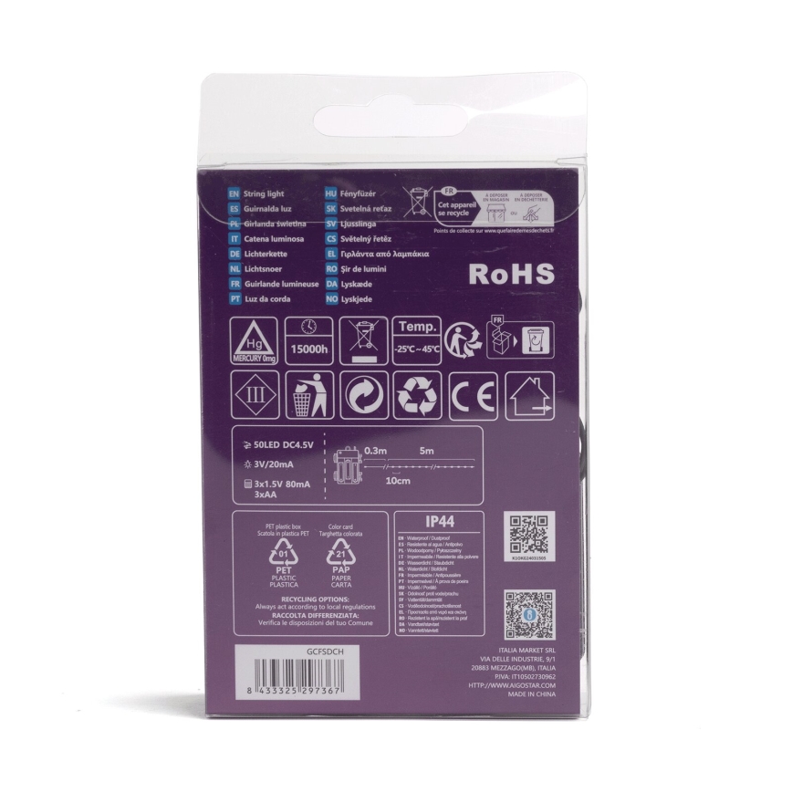 Aigostar - LED āra virtene 50xLED/8 funkcijas 3xAA 5,3 m IP44 daudzkrāsaina