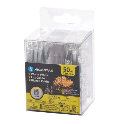 Aigostar - LED āra virtene 50xLED/8 režīmi 3xAA 5,3m IP44 silti balta