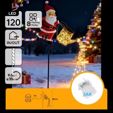 Aigostar - LED āra Ziemassvētku dekors 120xLED/3xAA/8 funkcijas 80 cm IP44 Santa/siltā balta