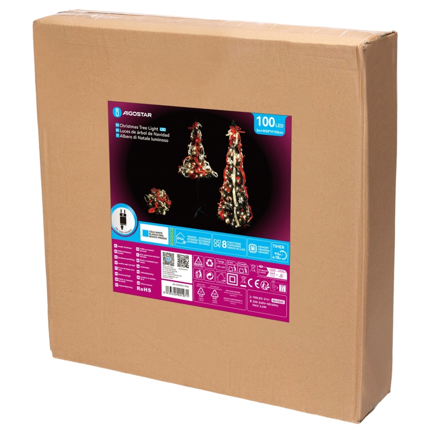 Aigostar - LED āra Ziemassvētku koks 100xLED 1,5m IP44 sarkans, auksti balts