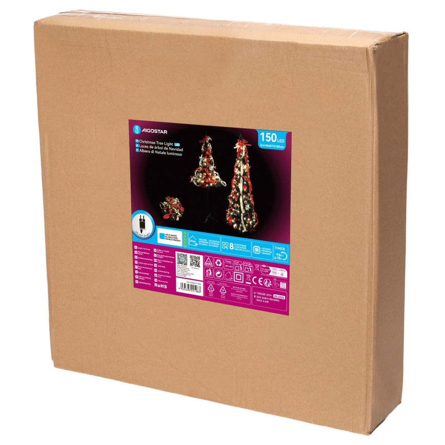 Aigostar - āra Ziemassvētku LED koks, 150 LED, 1,8 m, IP44, sarkans / auksti balts