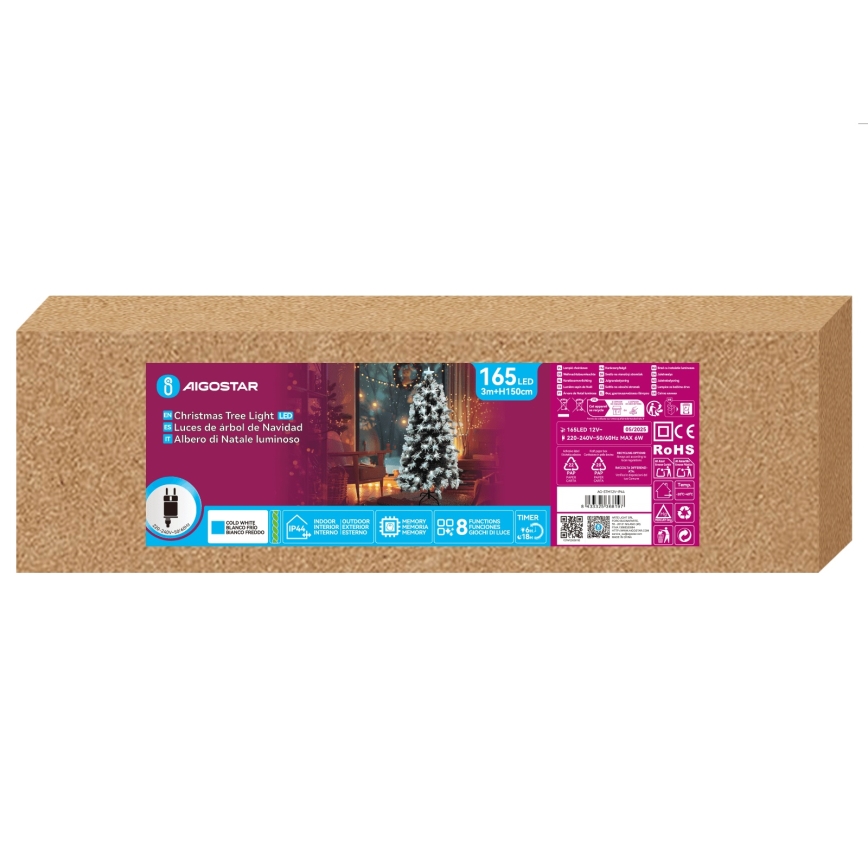 Aigostar - LED āra Ziemassvētku eglīte ar 165 LED, 8 režīmi, 1,5 m, IP44, auksti balta