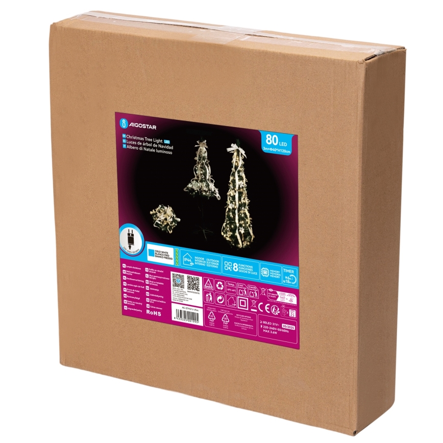 Aigostar - LED Ziemassvētku koks āra lietošanai, 80 LED, 1,2 m, IP44, balta/zelta, auksti balta