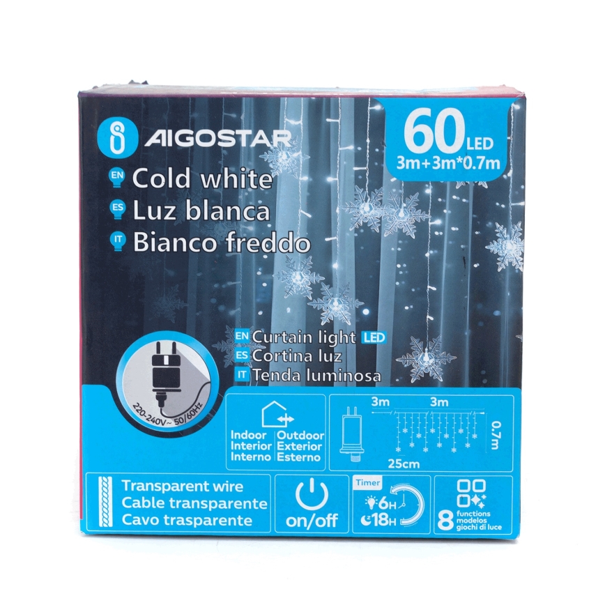 Aigostar - LED āra Ziemassvētku virtene 120xLED/8 režīmi 3x0,7m IP44 auksti balta + tālvadības pults
