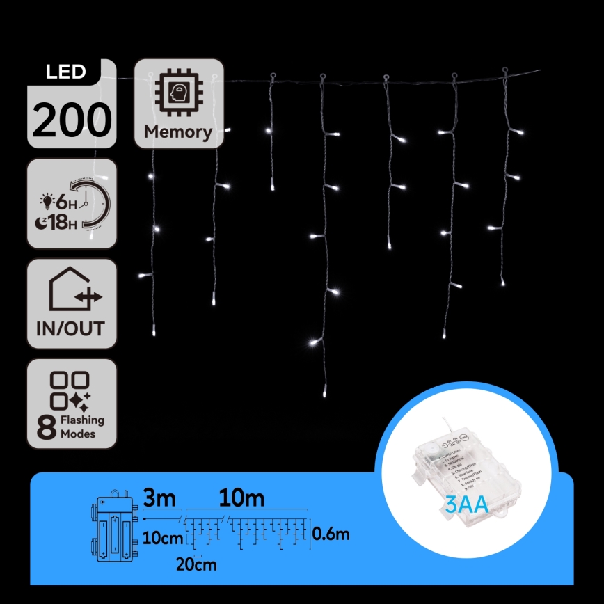 Aigostar - LED Ziemassvētku āra virtene 200xLED/8 funkcijas 3xAA 13x0,6m IP44 auksti balta