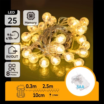Aigostar - LED Āra Ziemassvētku gaismas virtene, 25x LED/3x AA/8 funkcijas, 2,8 m, IP44, siltā balta
