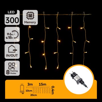 Aigostar - LED āra Ziemassvētku gaismas virtene 300xLED/8 režīmi 15x0,4 m IP44 siltā balta