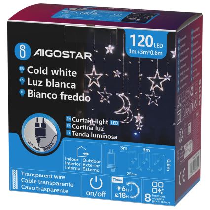 Aigostar - LED āra Ziemassvētku gaismas virtene 120xLED/6W/230V/8 režīmi 3x0,6m IP44 auksti balta + tālvadības pults