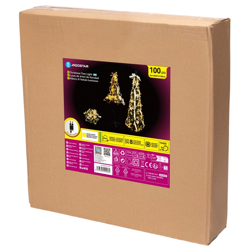 Aigostar - LED āra Ziemassvētku eglīte 100xLED 1,5m IP44 balta/zelta silti balta