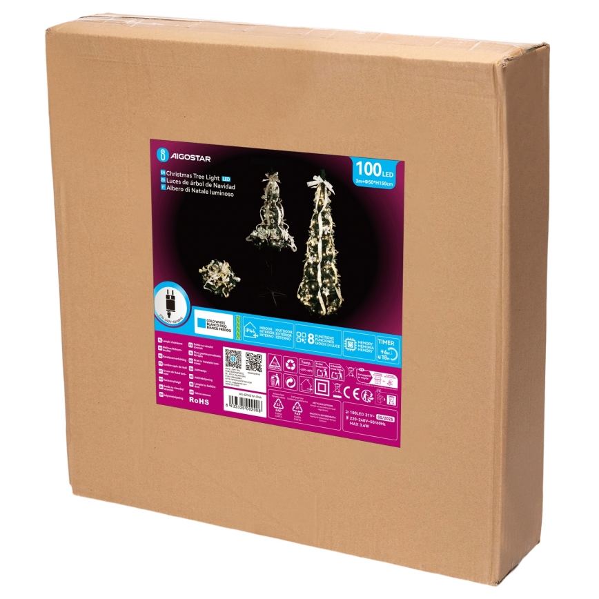 Aigostar - LED Āra Ziemassvētku egle 100xLED 1,5m IP44 balta/zelta auksti balta