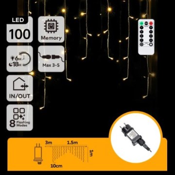 Aigostar - LED āra Ziemassvētku virtene, 100 LED, 6 W, 230 V, 8 funkcijas, 1,5 x 1 m, IP44, silti balta, ar tālvadību