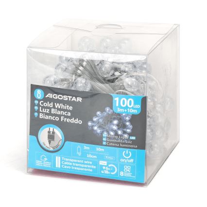 Aigostar - LED āra Ziemassvētku virtene 100 LED / 8 režīmi 13 m IP44 auksti balta