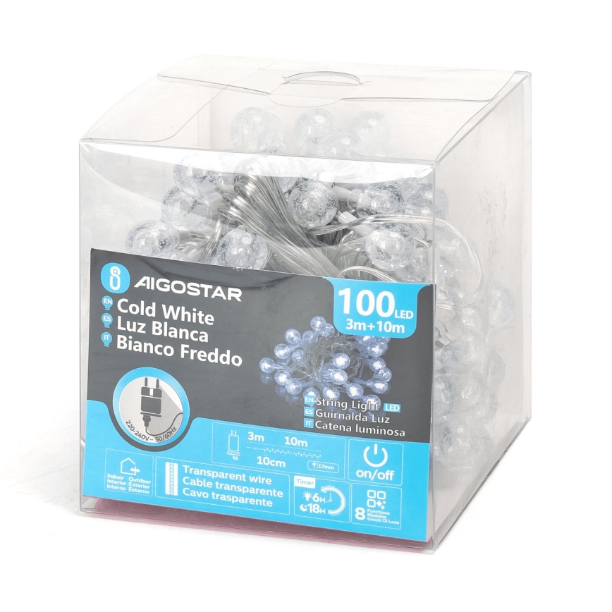 Aigostar - LED āra Ziemassvētku virtene 100 LED / 8 režīmi 13 m IP44 auksti balta